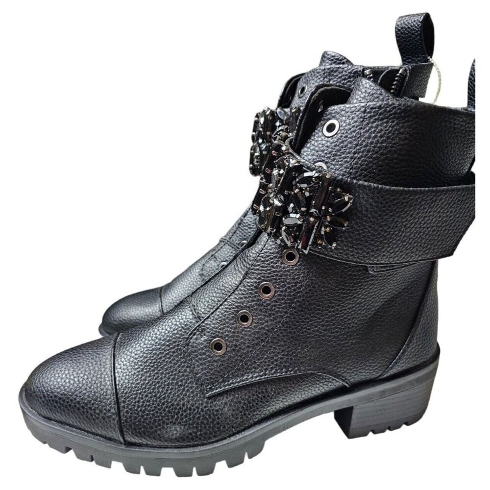 Karl Lagerfeld Combat Black Boots Paris Embellished Strap Payson Pippa 8.5 READ - Picture 2 of 8